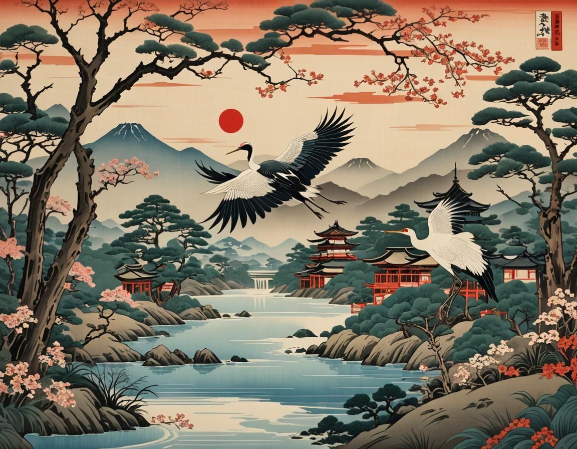 Serene Japanese Temple with Flying Crane in Ukiyo-e Style