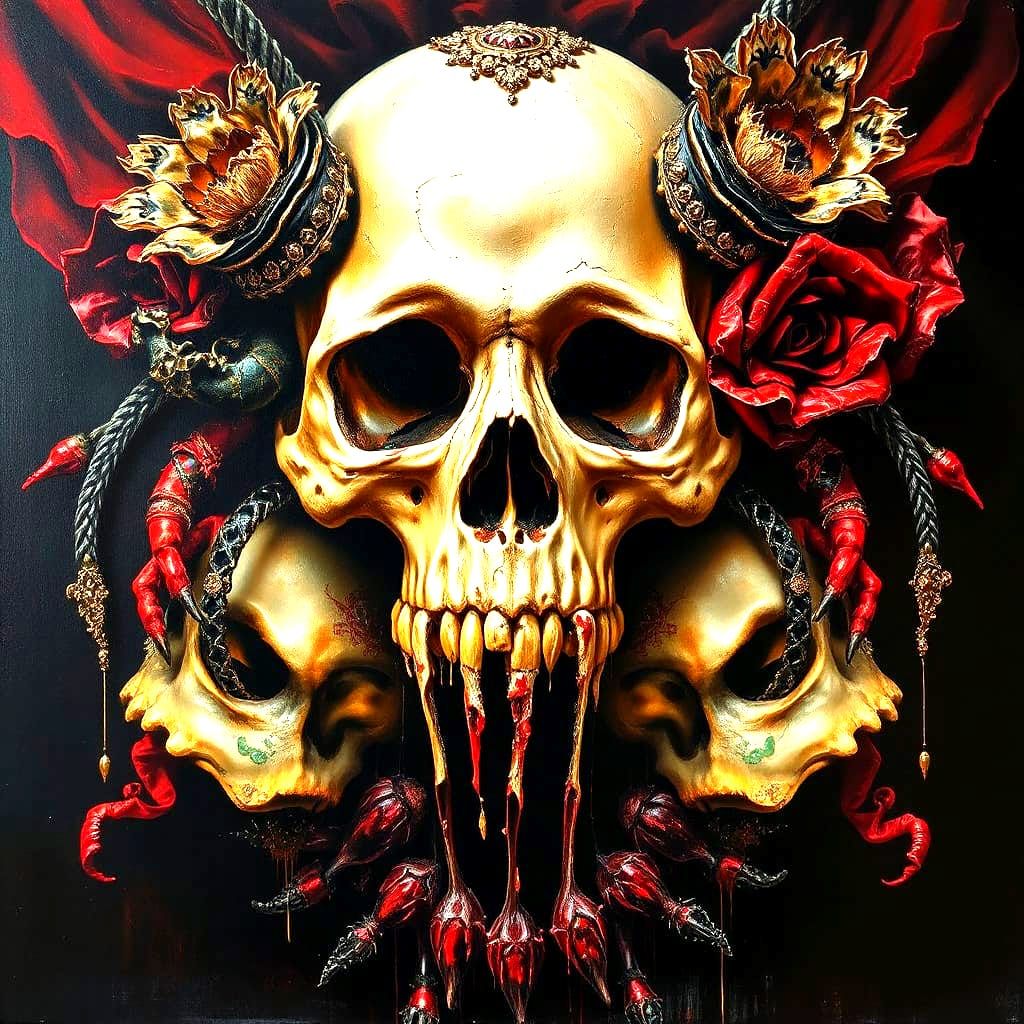 A luxurious, ornate human skull with intricate gothic embell...