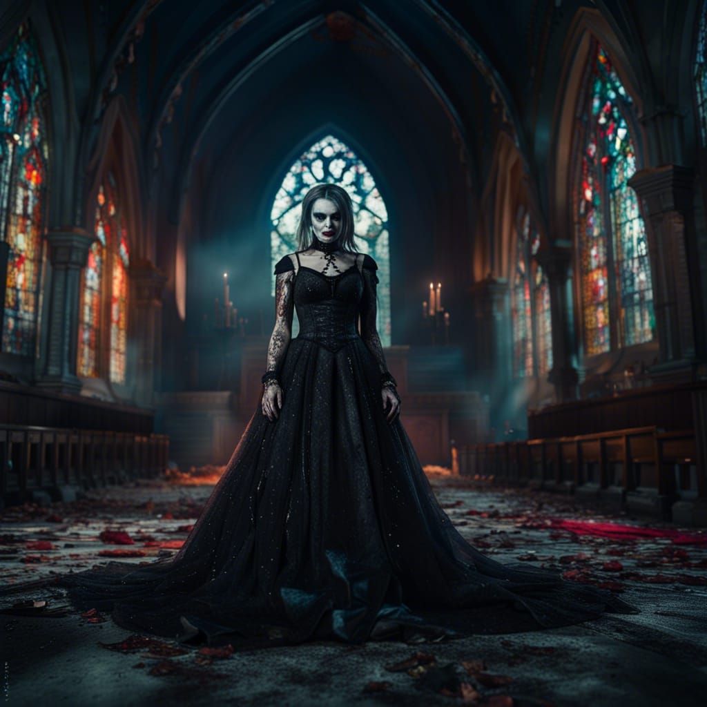 Gothic Bride in Abandoned Church, Noir Horror Style