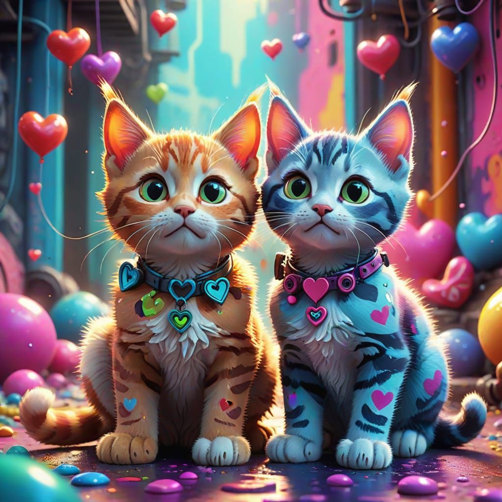 Whimsical Kittens in Vibrant, Heart-Shaped Accessories