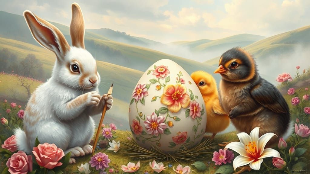 Rabbits Painting Easter Eggs in Fantasy Landscape