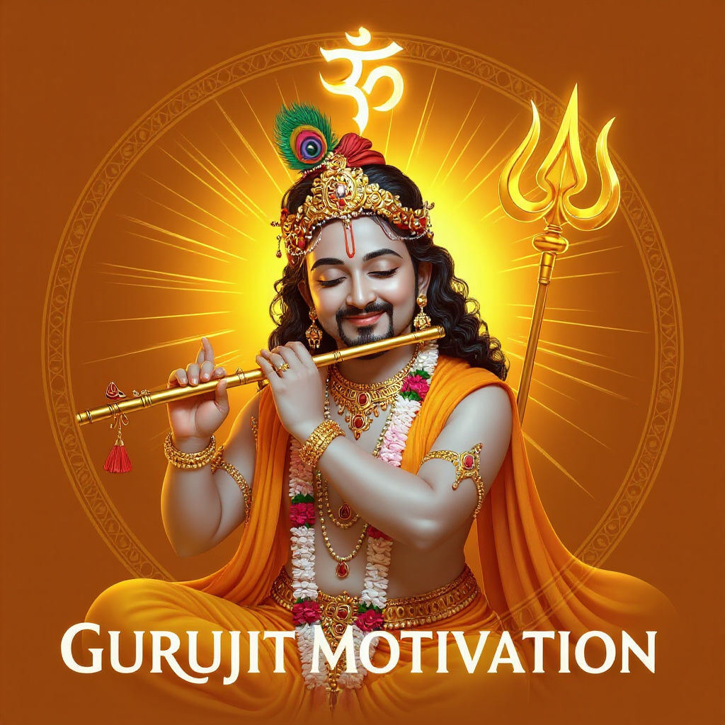 Lord Krishna Playing Flute in Saffron-Golden Aura