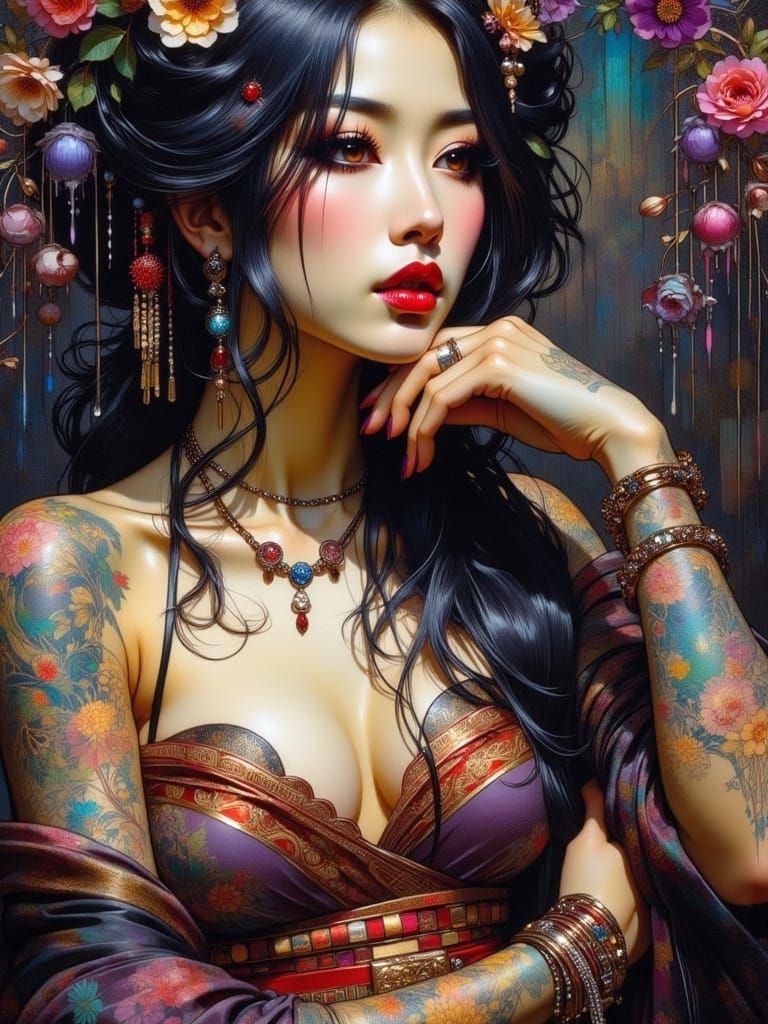 Art Nouveau Geisha Portrait with Tattoos