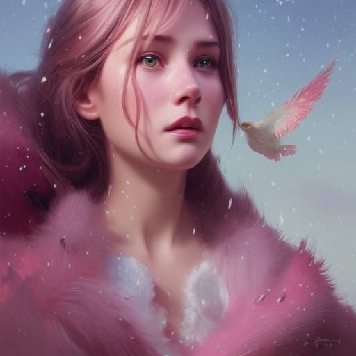 Pink Bird in Christmas Town: Hyperdetailed Art