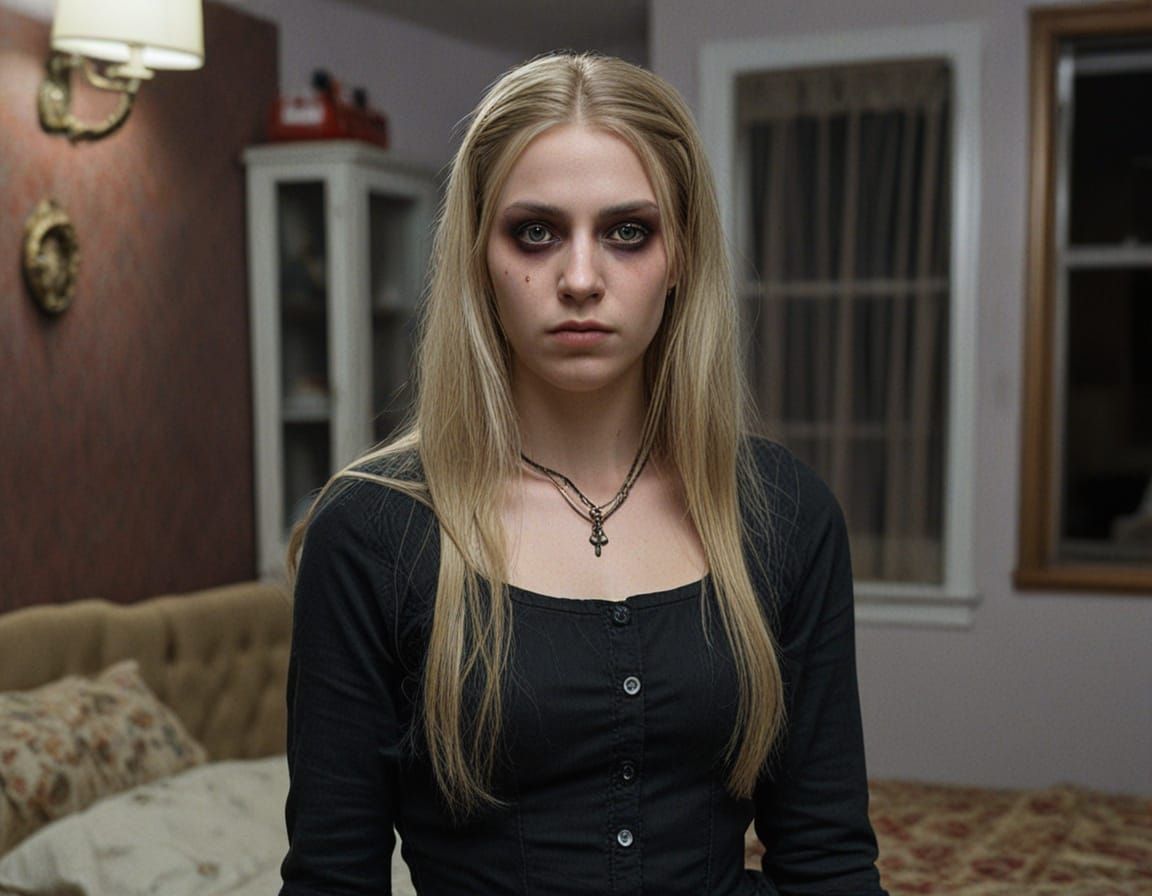 Young stocky Female zombie with long straight dyed blond hair, dark hairy eyebrows, grey pale skin, with freckles, small...