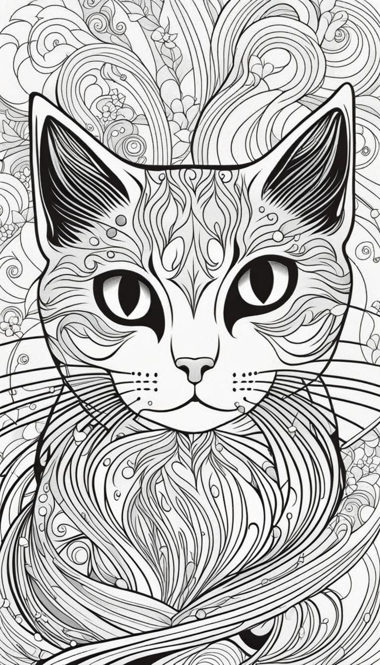 Kawaii Kitten Fantasy Coloring Page in Line Art