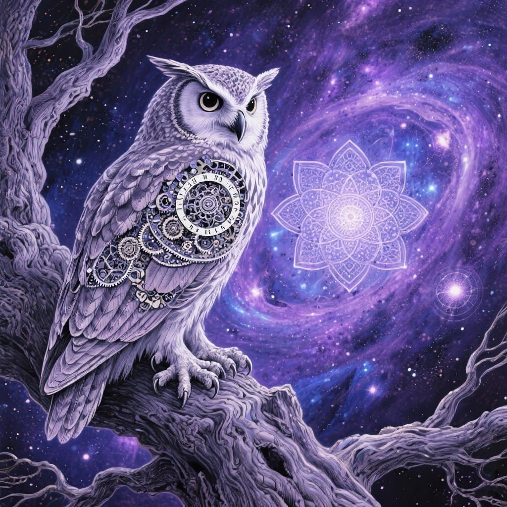 Clockwork Owl in Cosmic Nebula, Pencil Style
