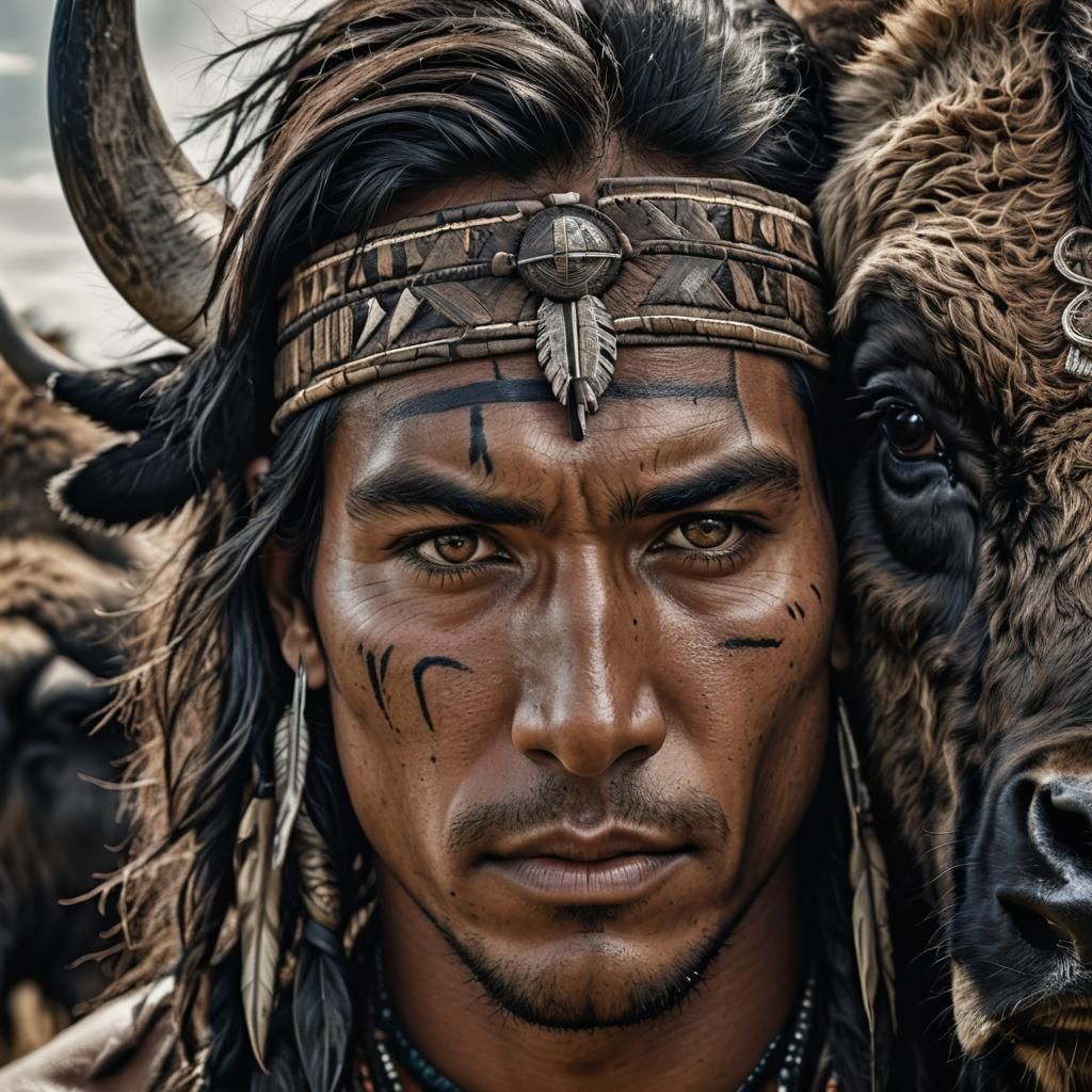 Native American Man and Buffalo: Hyperrealistic Portrait