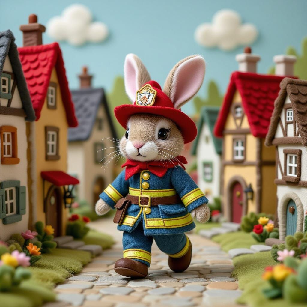 Felt Fireman Rabbit in Medieval Felt City