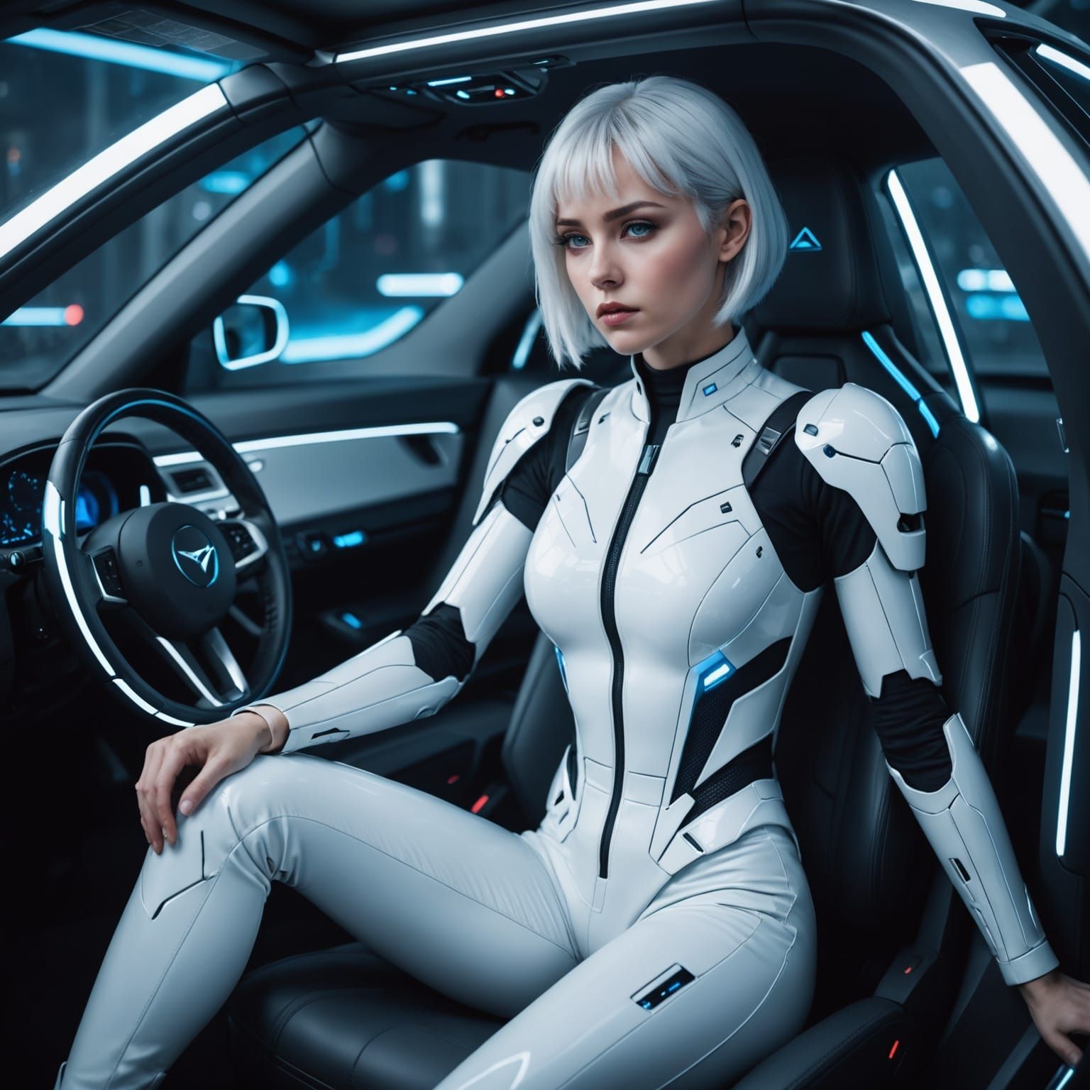 Futuristic Woman in Sleek High-Tech Car