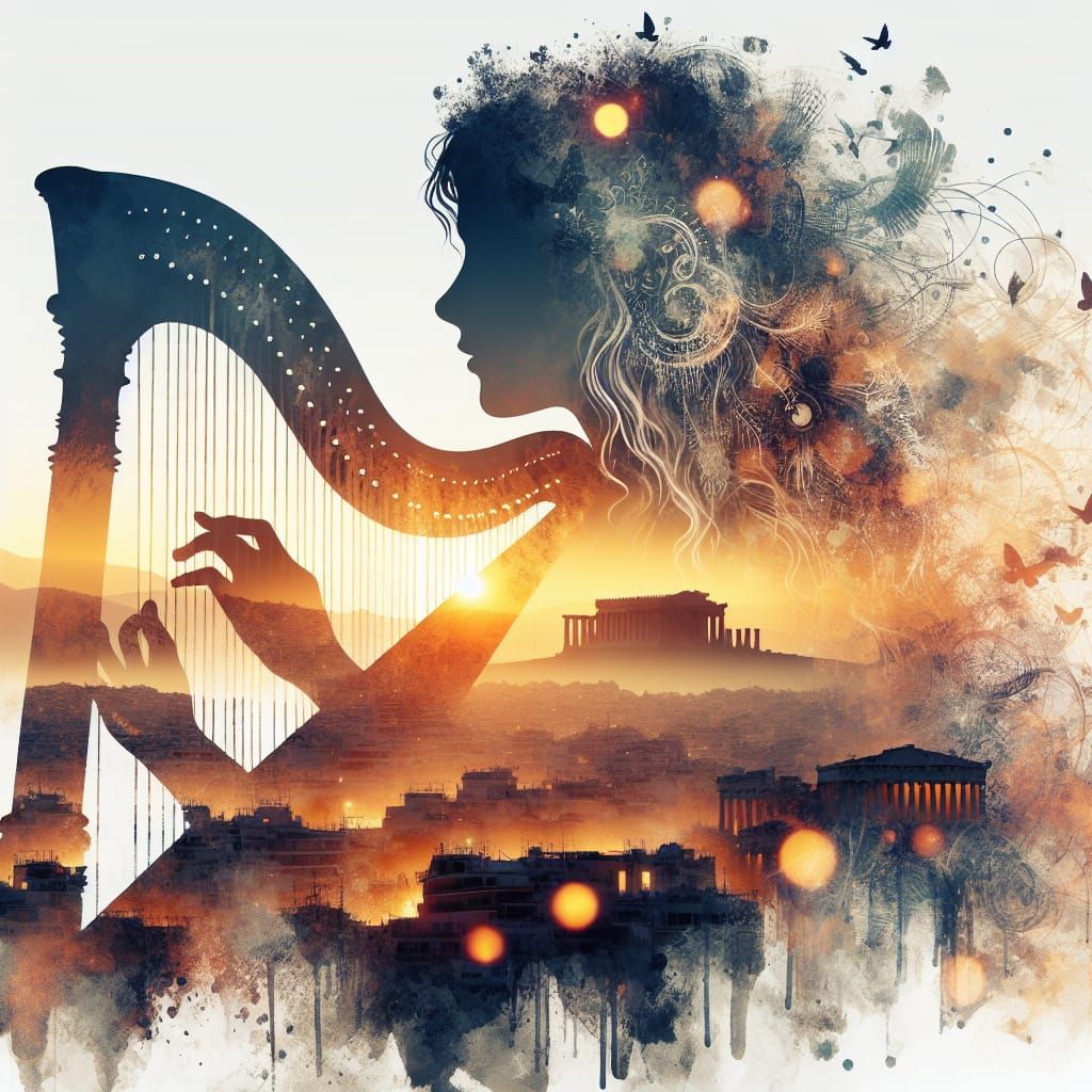 Girl Playing Harp in Ancient Athens Double Exposure