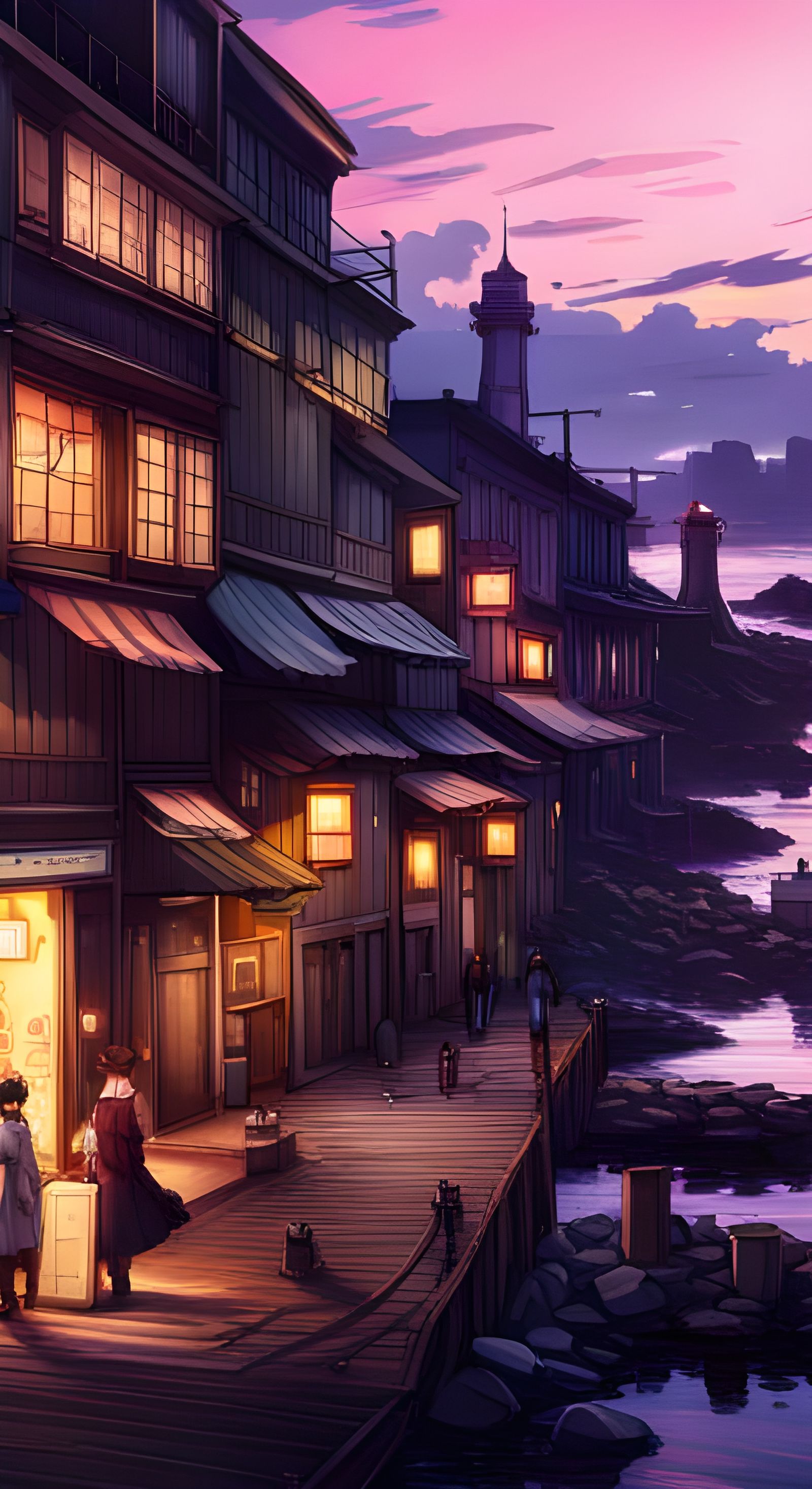 Cyberpunk Shore Town at Dusk: Anime-Inspired Neon Scenery