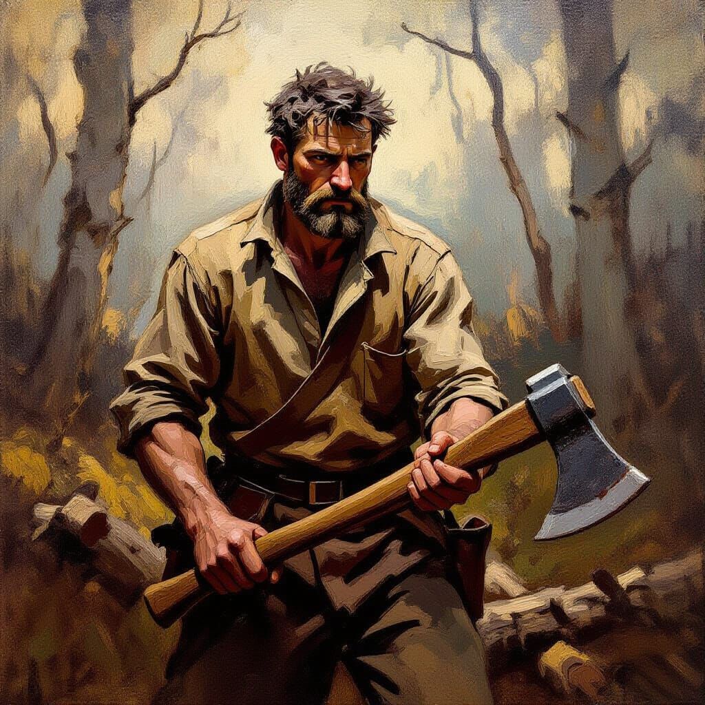 Woodcutter in Impressionistic Woodland Scene