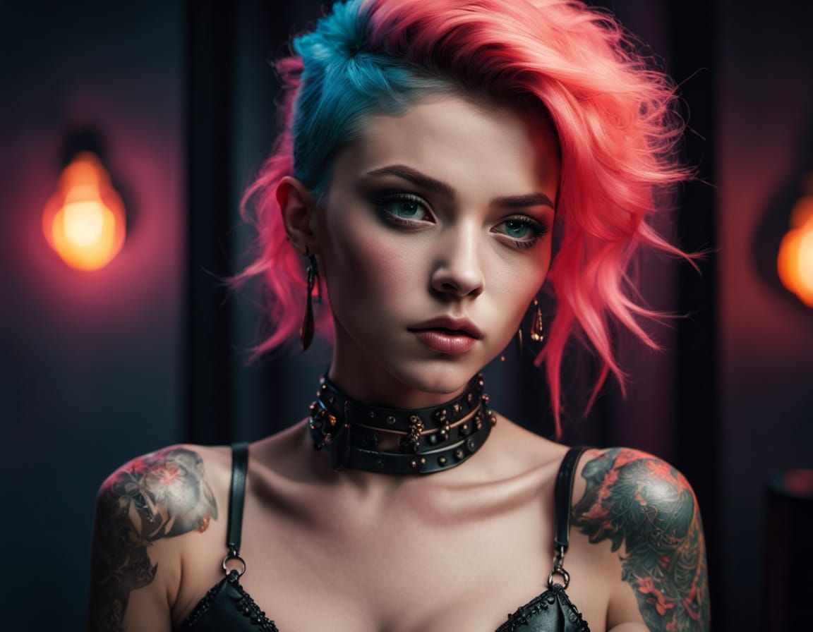 Bold and Edgy Tattoo Artist in Neon-Lit Studio