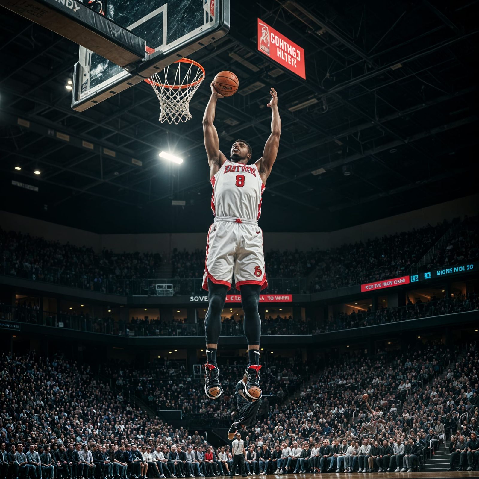 Basketball Player's Flying Dunk: Cinematic Film Still
