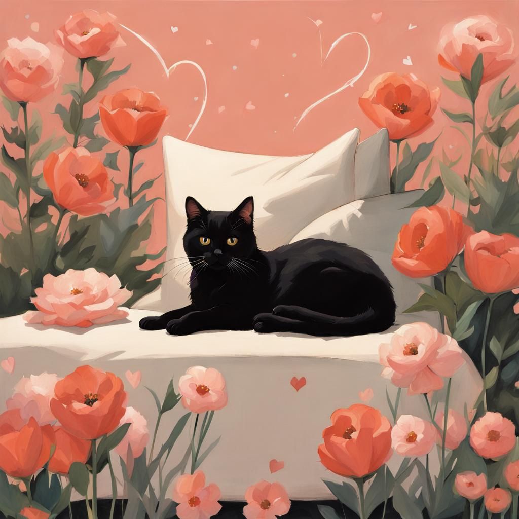 Cute Cat with Flowers in Sleek Digital Art Style