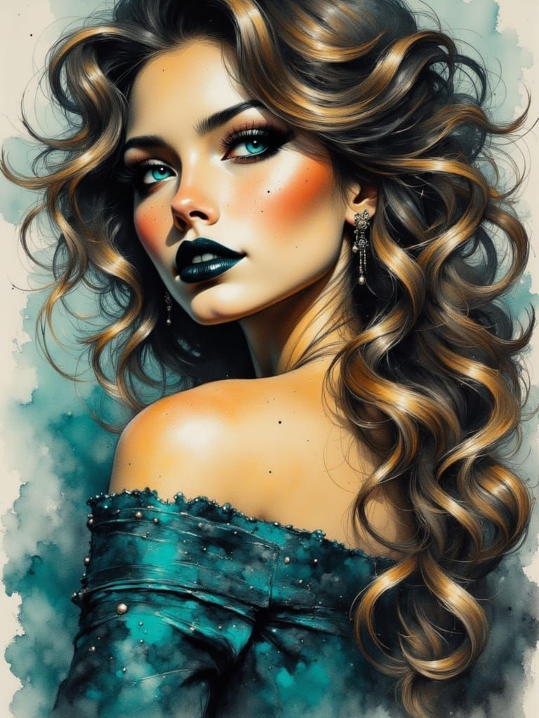 Surreal Watercolor Portrait of Woman with Blue Eyes