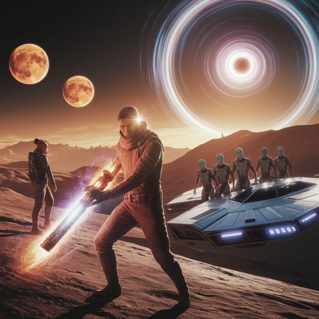 Brave Explorer in Twin Suns Landscape with Alien Crew