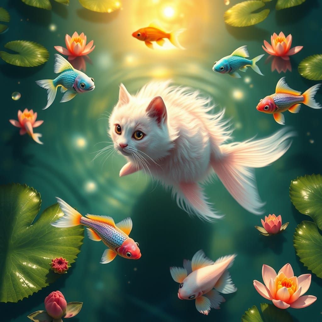 Whimsical Cat-Fish Hybrid in a Serene Pond Scene