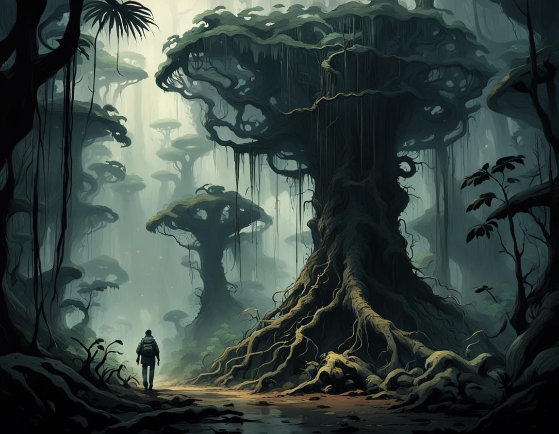 Eerie Amazon Rainforest Illustration in Dark Fantasy Style