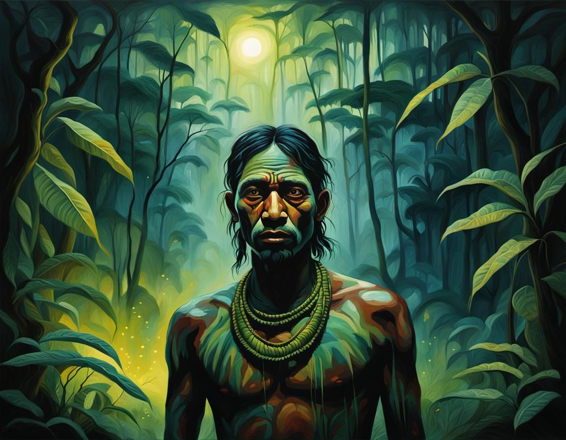 Tribesman in Amazon Rainforest: Dark Surrealism