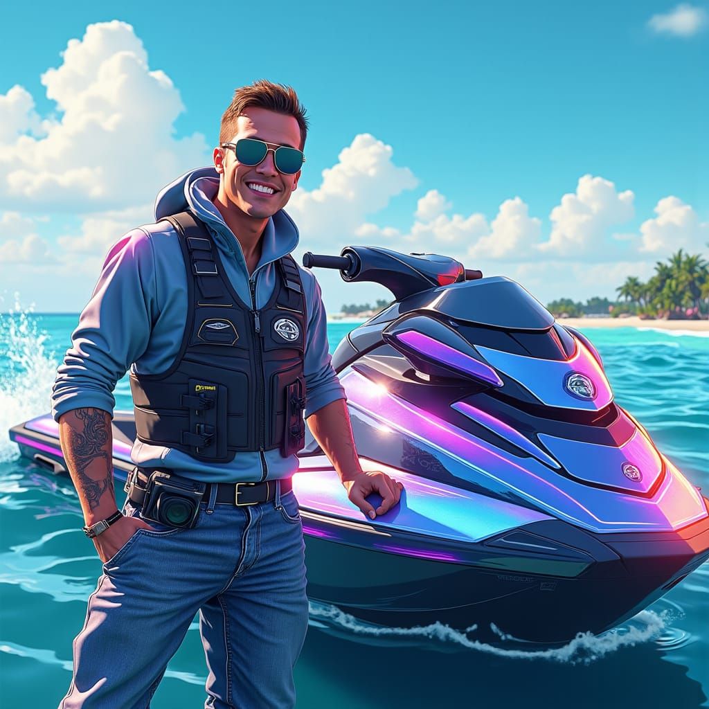 Jetski Influencer with Futuristic Jetski in Matte Painting S...