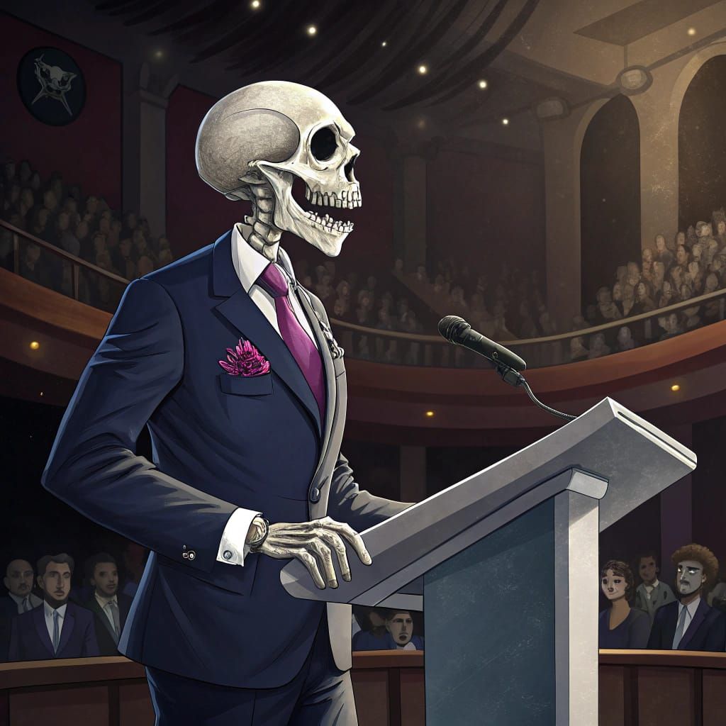 Skeleton Gives Speech in Dark Whimsical Style