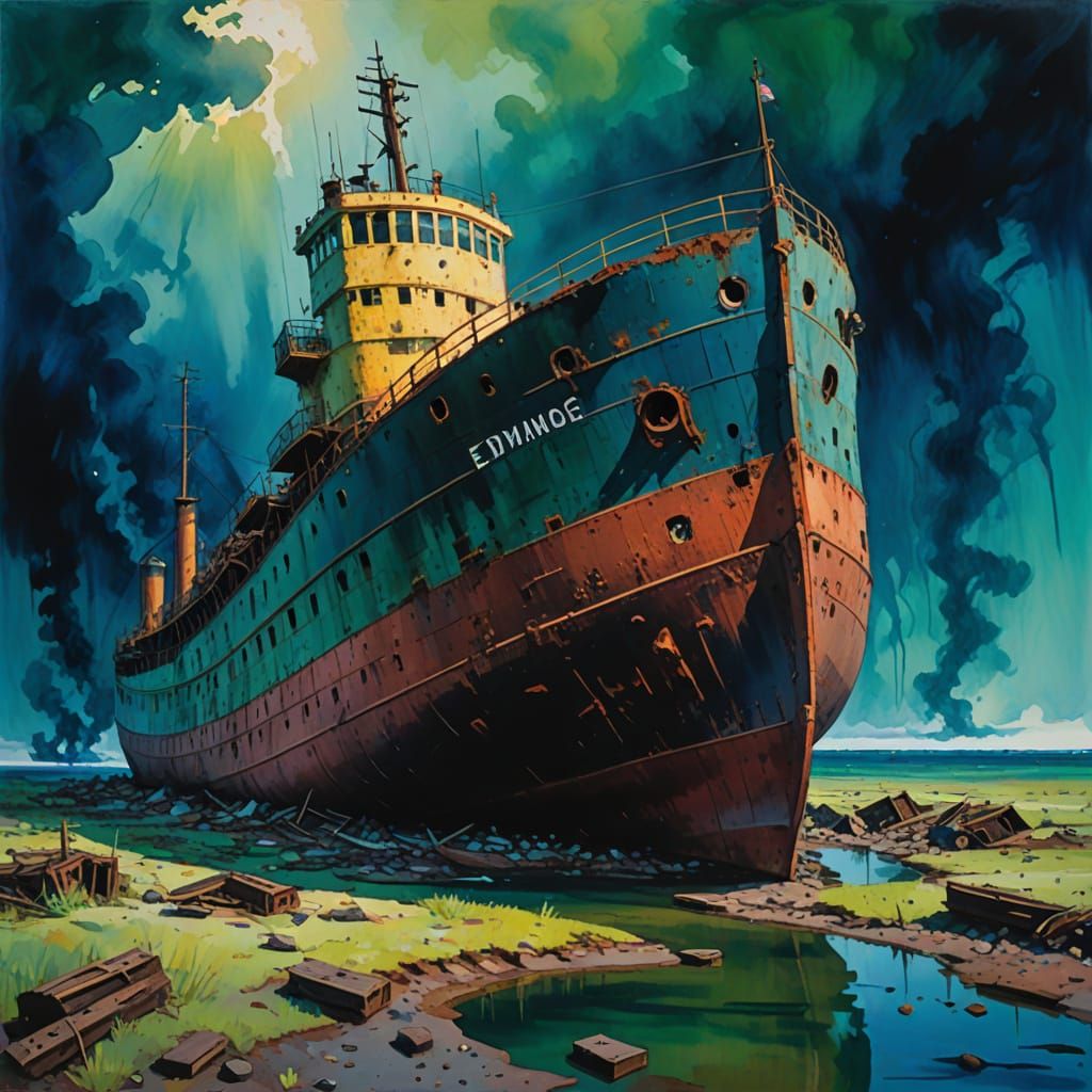 Edmund Fitzgerald Shipwreck in Deep Underwater Gouache Paint...