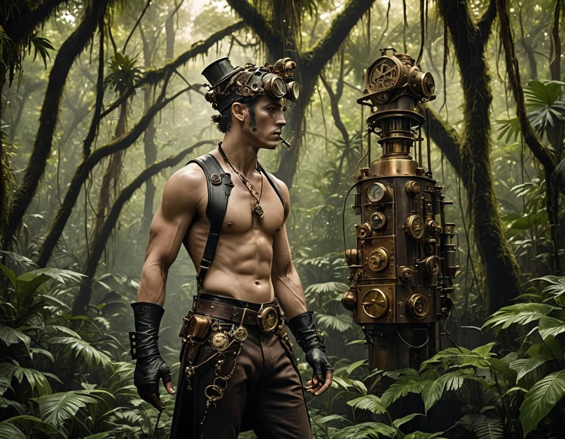 Steampunk Men in a Sunny Jungle, Norman Lindsay Style