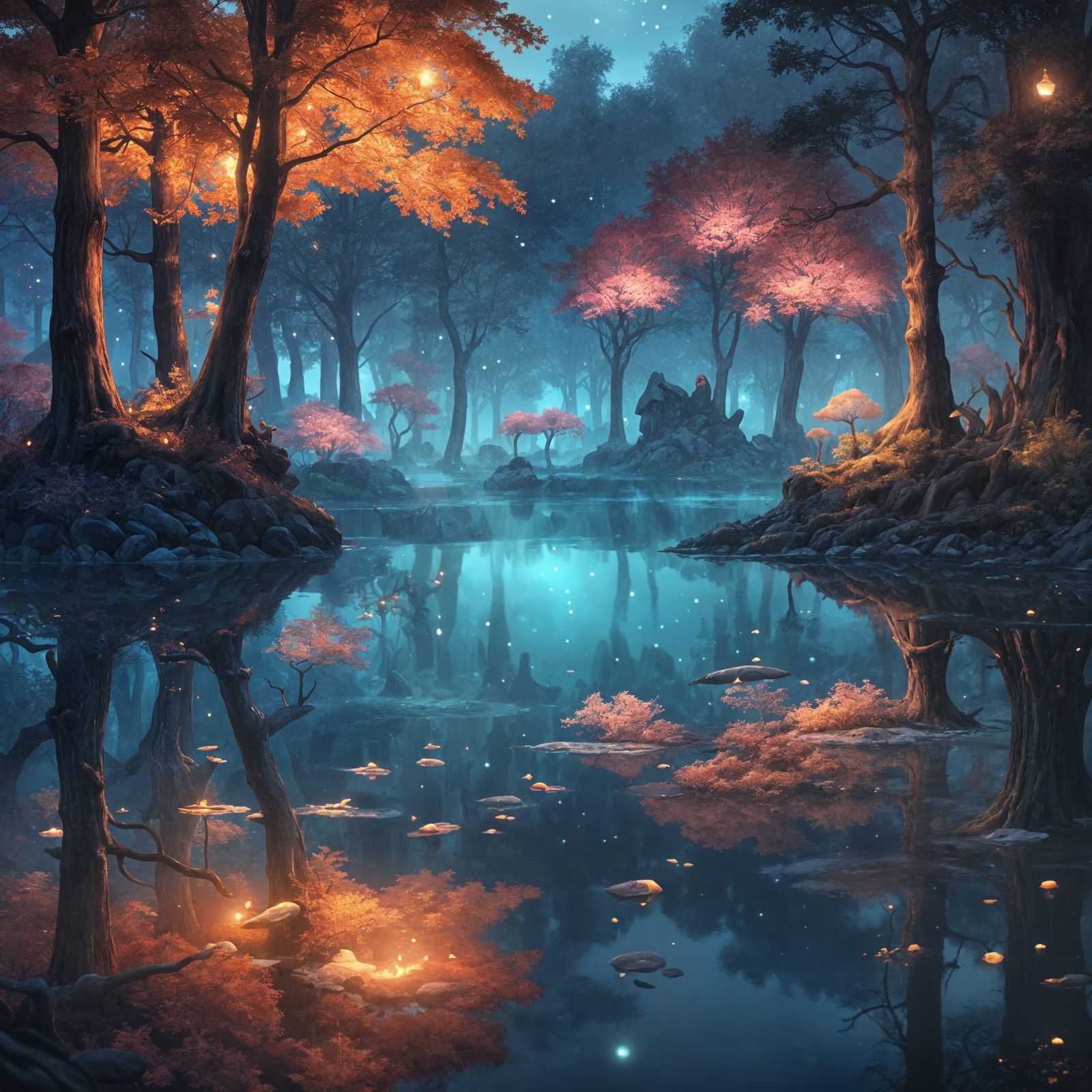 Moonlit Lake Scene in Vibrant Colors