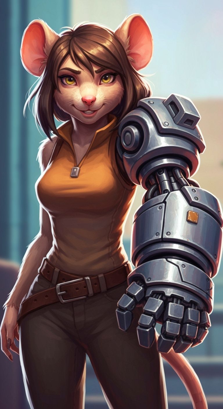 Mousefolk Girl With Bulky Robotic Arm