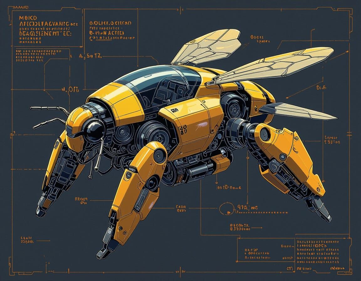 Mechanical Bumblebee in Flight: Engineering Blueprint Style