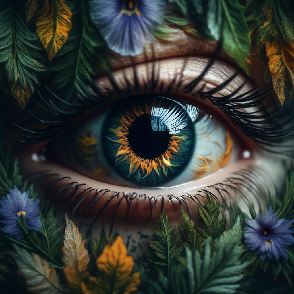 Hyperrealistic Eye Merged with Nature Foliage