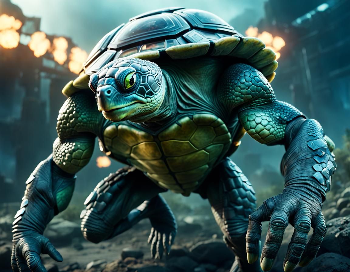Cyborg Turtle Warrior on Battlefield in Photorealistic Style