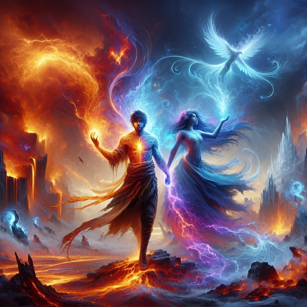 Elemental Magic Duel in a Fantasy Landscape