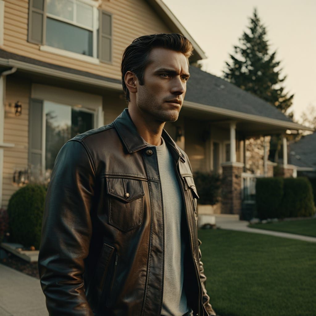 Young Man in Front of Suburban Home: Film Noir Cinematic Sti...