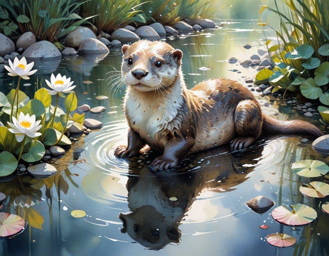 Playful Otter on Riverbank: Surreal Watercolour Composition