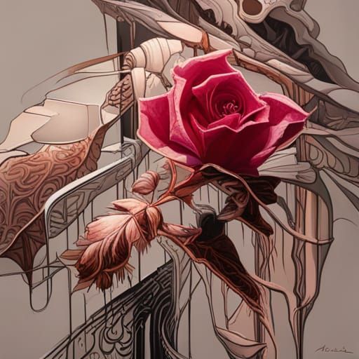 Fragile Rose in Shattered Glassy Liquid: Gouache Style