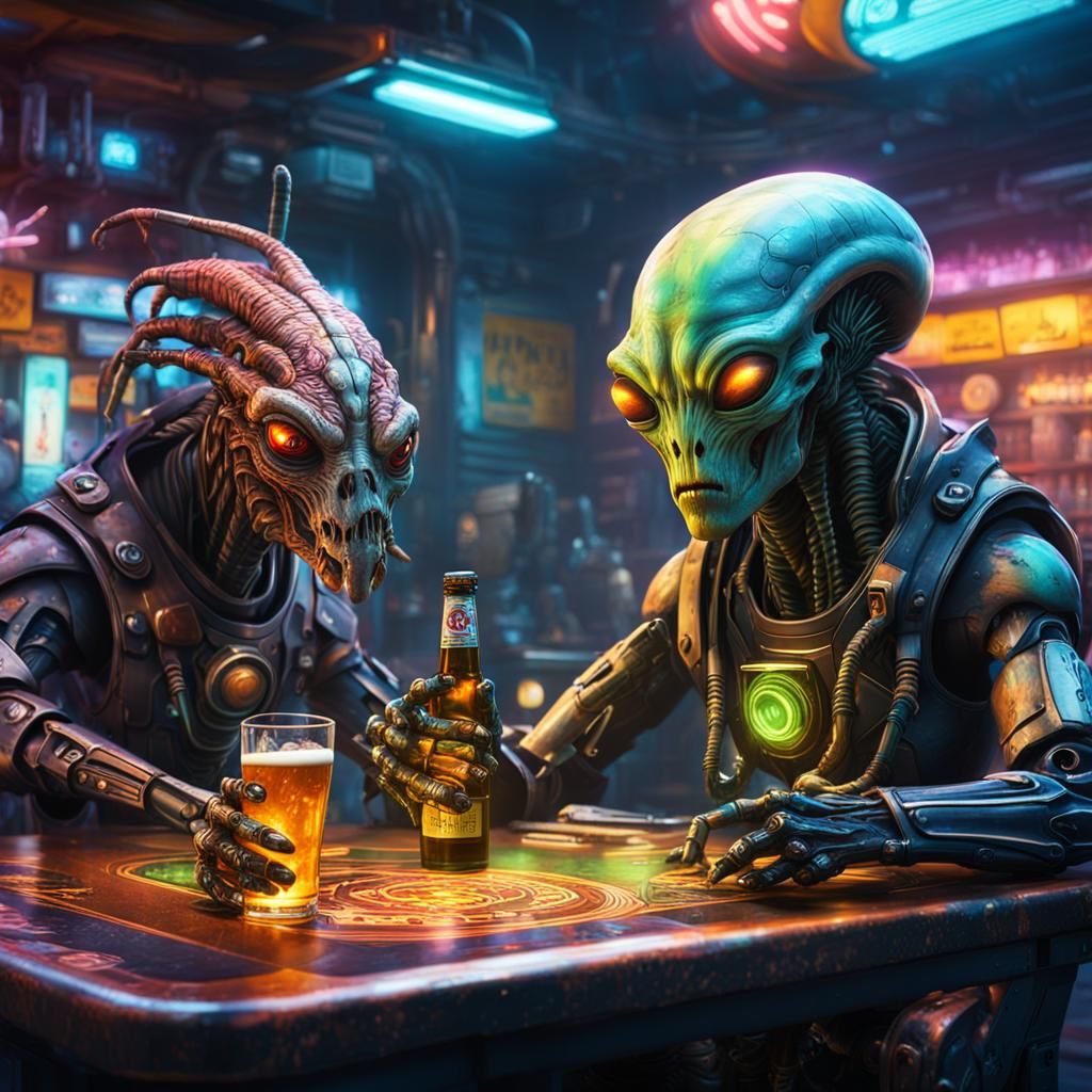 Cyberpunk Aliens Playing Poker in Neon Bar