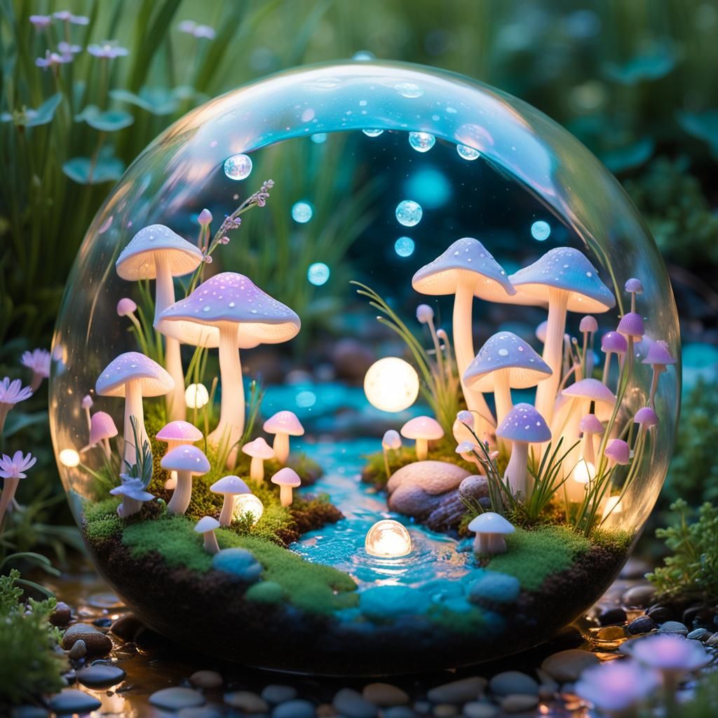 Fairy Garden Encased in Bubble with Glowing Mushrooms