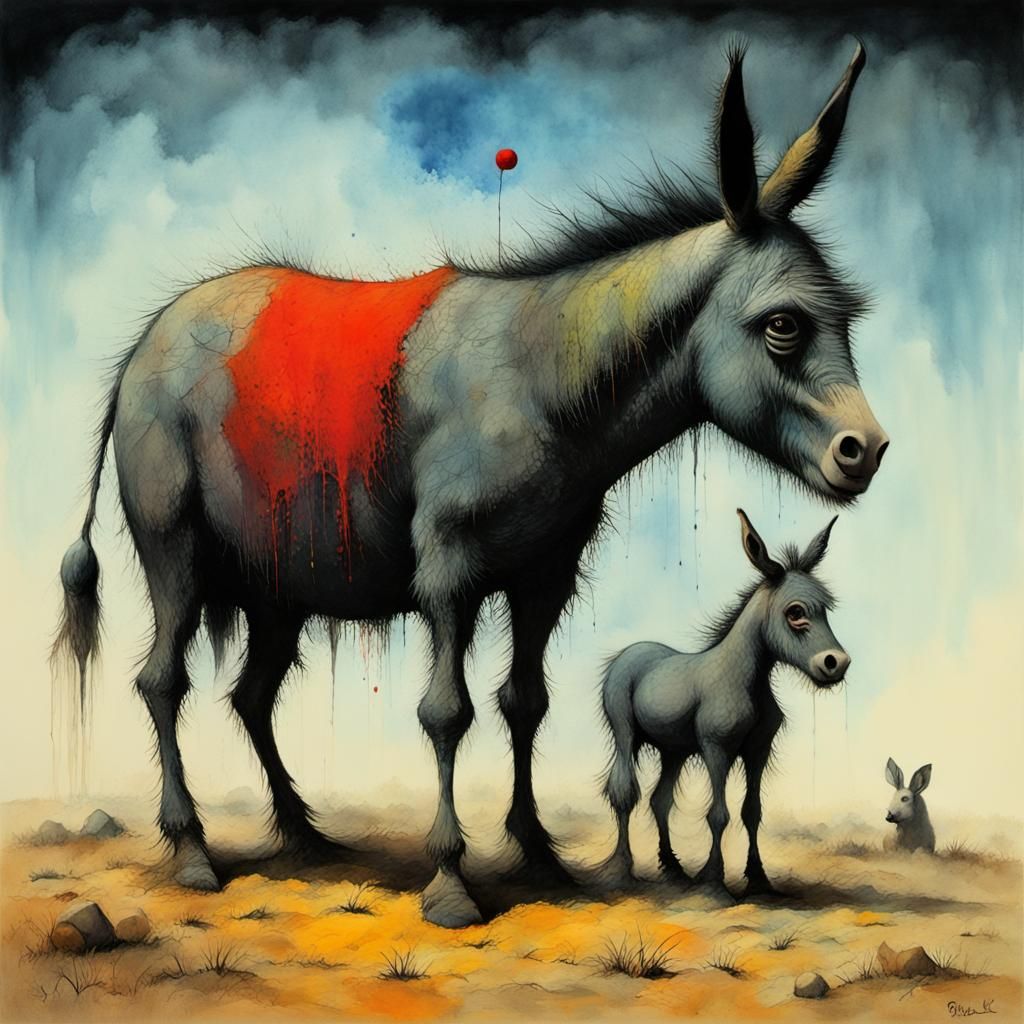 Surreal Donkey in Gouache and Watercolor Style