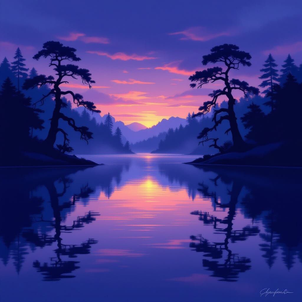 Ethereal Twilight Lake with Gnarled Trees