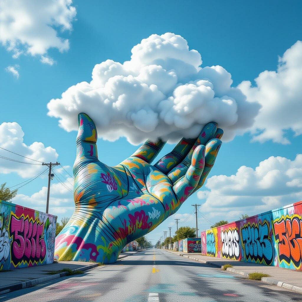 Colossal Hand Holds Cloud in Graffiti Art Style Sky