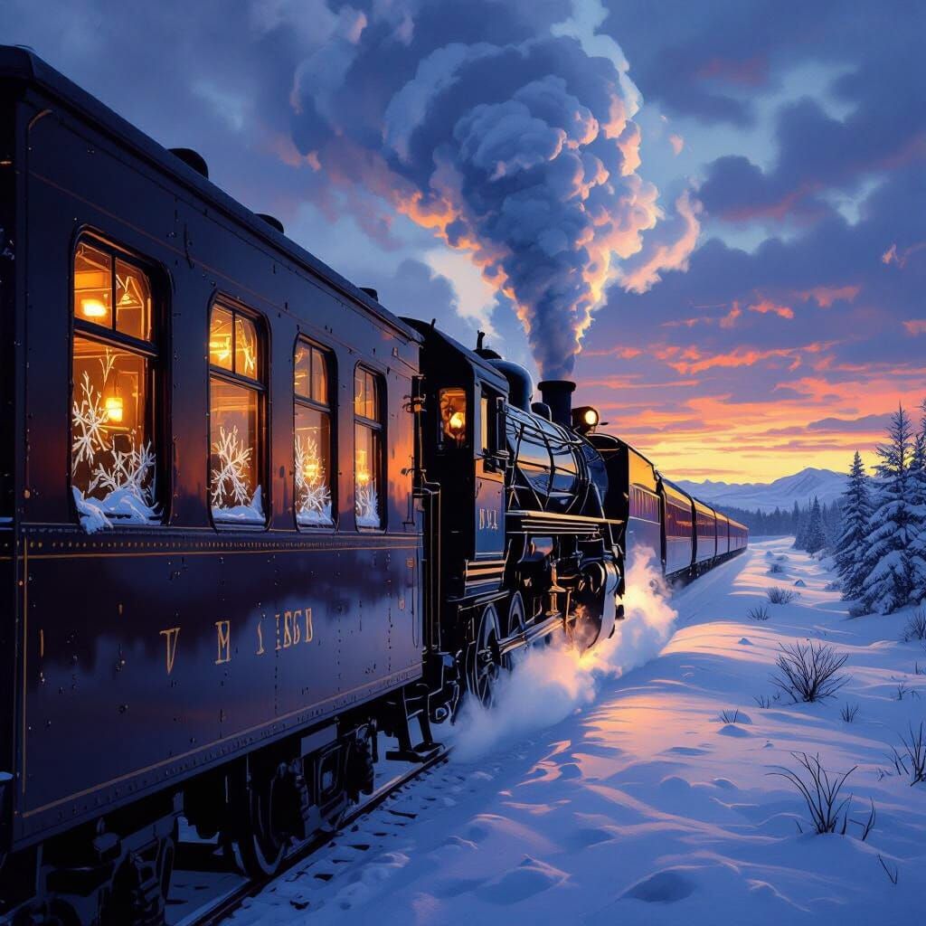 Steam Train Journey Through Snowy Dusk Landscape