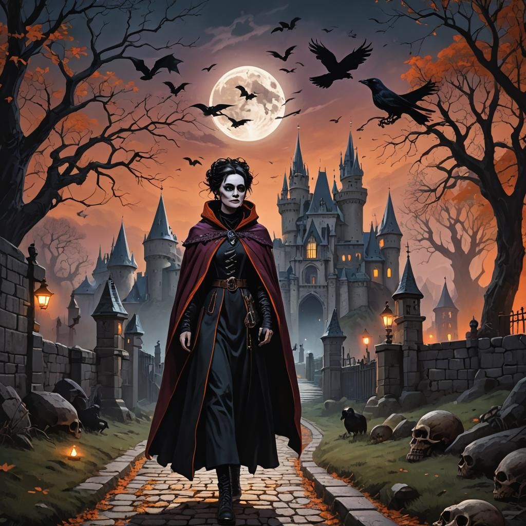 Mystical Castle Path with Raven and Goth Woman