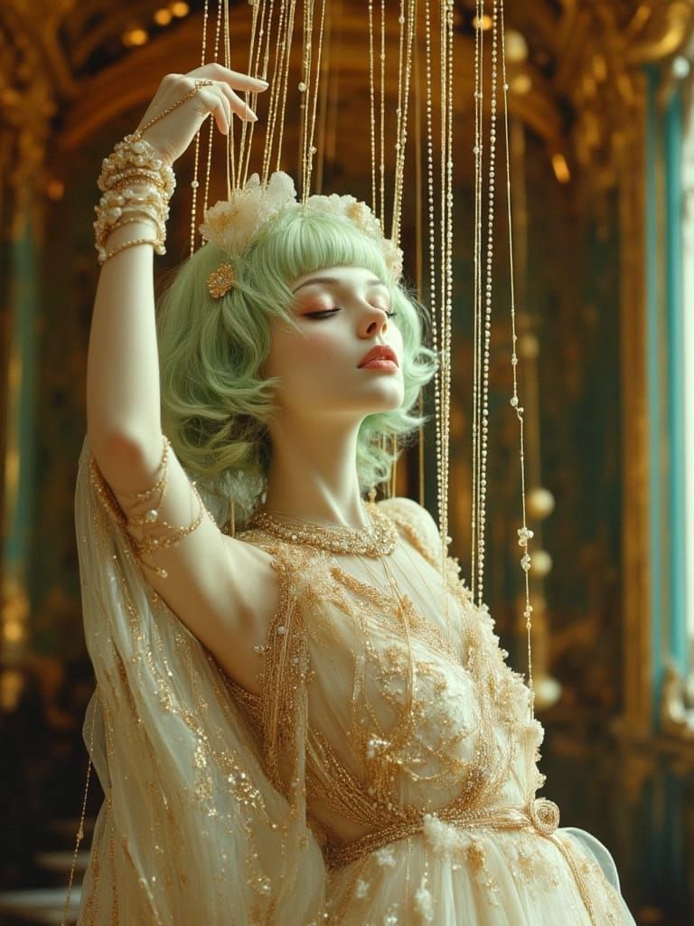 Rococo Marionette Girl in Dreamlike Ballroom