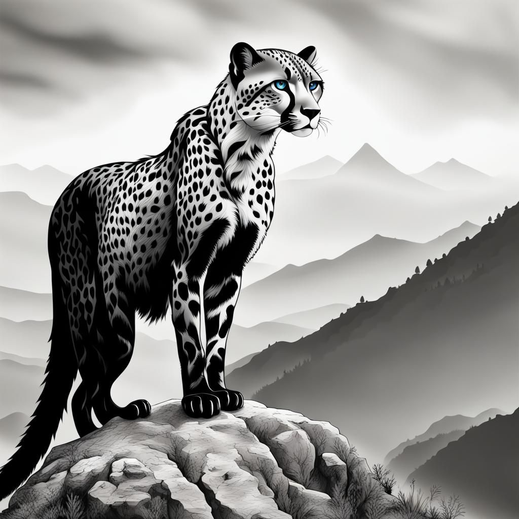 A black cheetah with blue eyes on the top of a mountain.