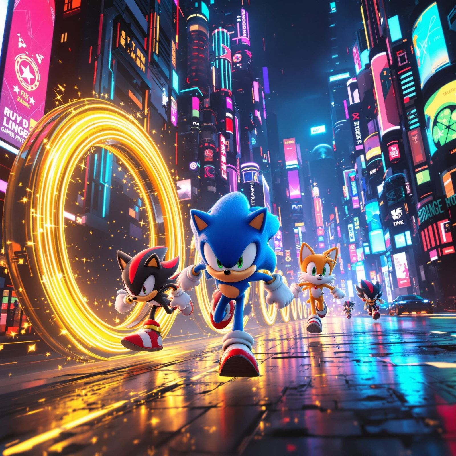 Cyberpunk Heroes Sprint Through Golden Portal Cityscape