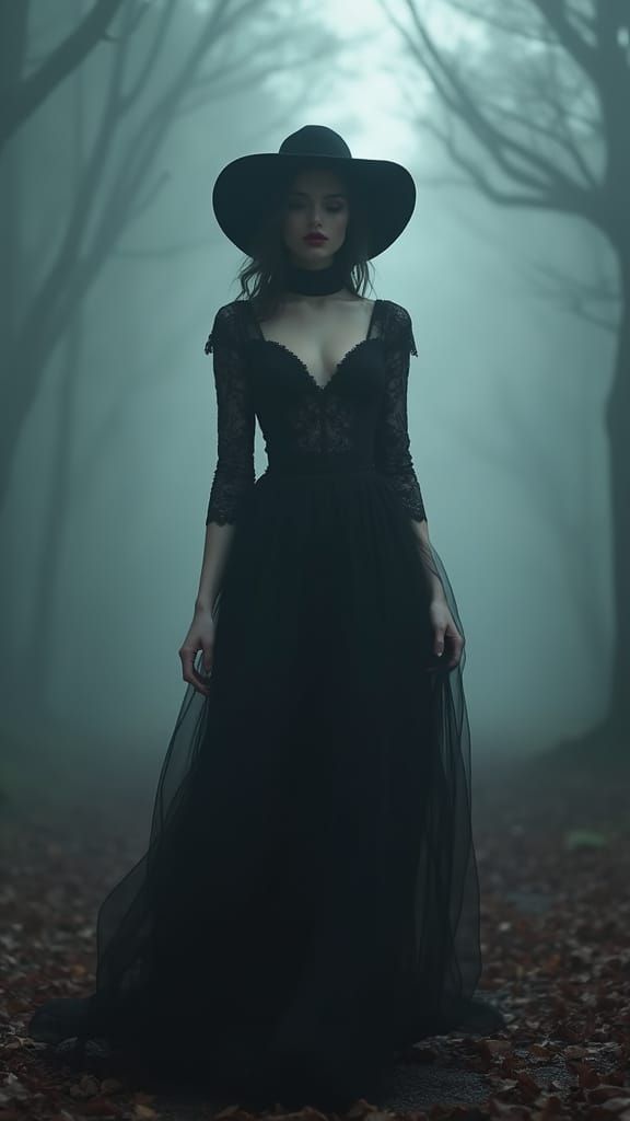 Mysterious Woman in Lace Gown in Foggy Forest