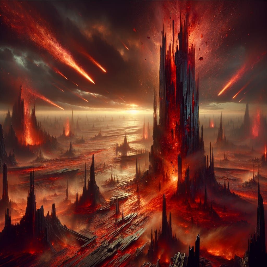 Obsidian Monolith in Ember Dust with Fire-Winged Sentinel